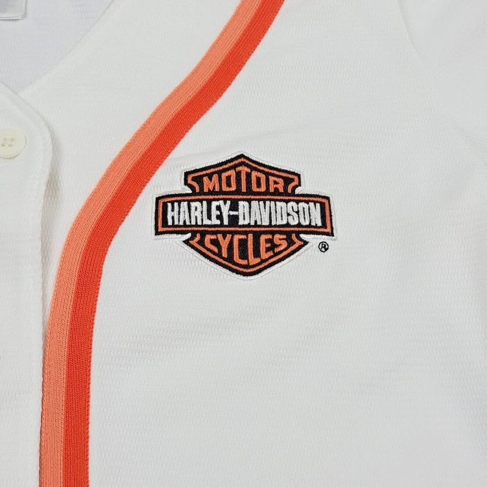 Harley Davidson Baseball T-Shirt Tee Stripe White Orange Dallas sz Medium Button - Picture 4 of 10